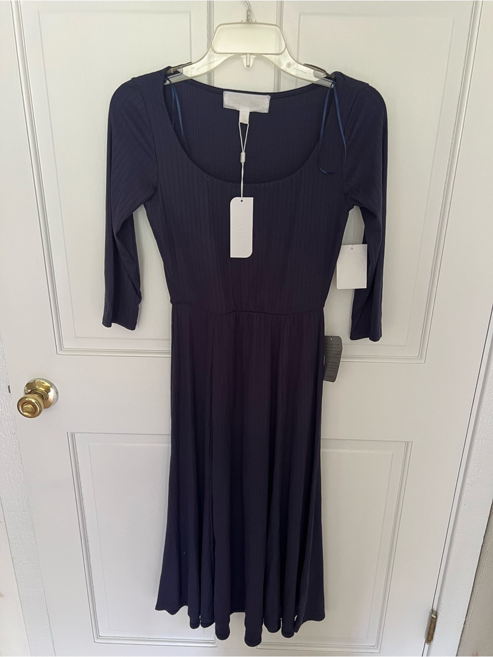 Scoop Neck Navy Midi Dress with Three-Quarter Sleeves